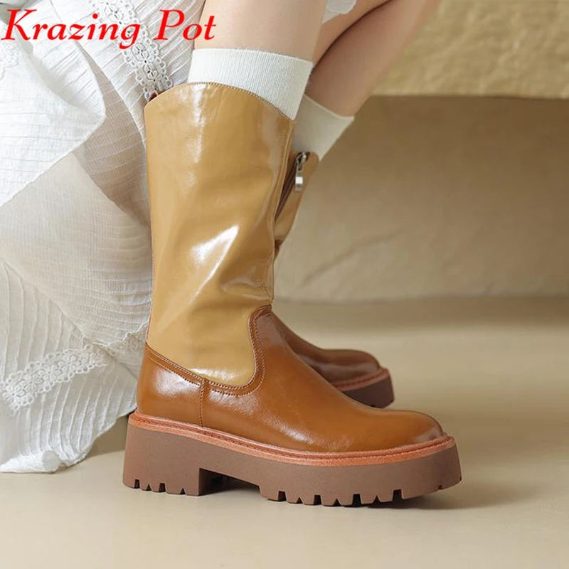 

Krazing Pot Cow Leather Round Toe Med Heels Platform Motorcycles Boots Winter Mixed Color Street Wear Keep Warm Mid-calf Boots