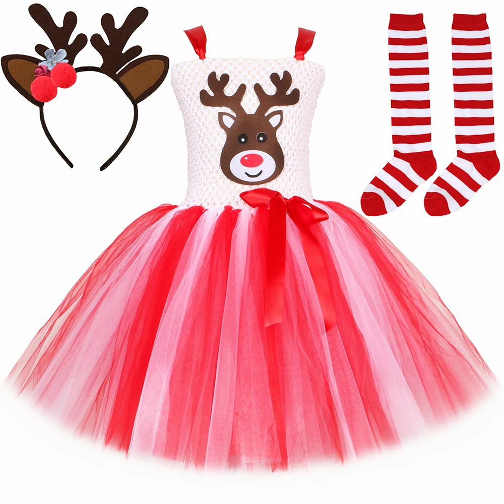 Rudolph Deer Reindeer Costume Girls Christmas Tutu Dress Antler Headband Toddler Kids Xmas Party Cartoon Animal Dress Up Clothes