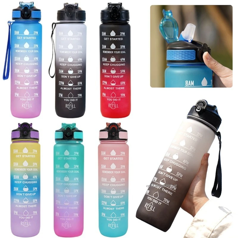 Bouteille d'eau dégradée de grande capacité de 1000ml, bouteille d'eau avec paille de 1 litre étanche avec marqueur de temps, pour le sport et le Fitness, 1 pièce