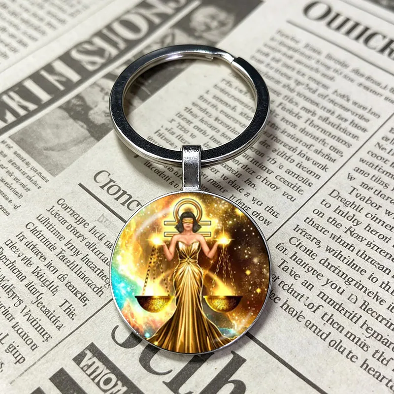 12 Zodiac Series Libra Justice Goddess Graphic Handmade Glass Inlaid Key Fob Astrology Fan Holiday Souvenir Present