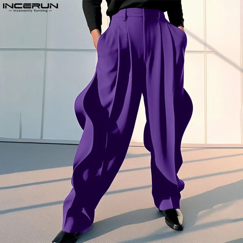 INCERUN 2024 American Style Pantalons Stylish New Men's Irregular Silhouette Pants Casual Clubwear Solid Wide-leg Trousers S-5XL