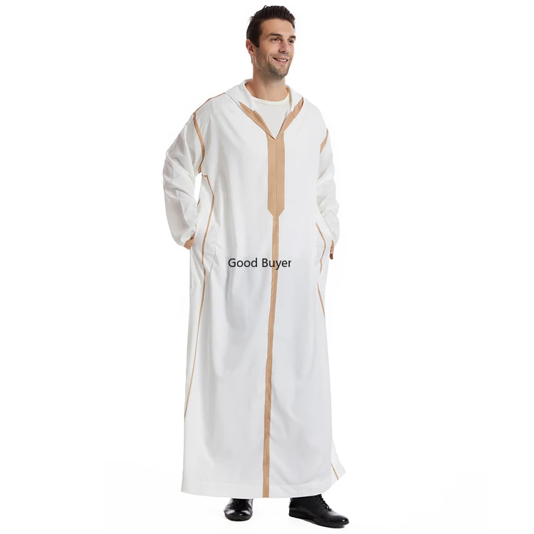 Abbigliamento tradizionale musulmano Eid Medio Oriente Jubba Thobe Uomo Abito con cappuccio Abito arabo islamico Poly Cotton Jilabiya Khaleeji Caftano