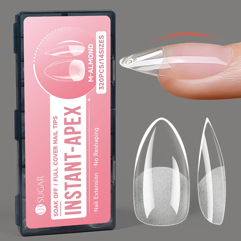 UR SUGAR 320PCS Puntas de Uñas Preformadas Almond Instant-Apex, Acabado Mate Parcial, Cobertura Completa, Uñas Acrílicas Postizas para Manicura en Salón o en Casa DIY