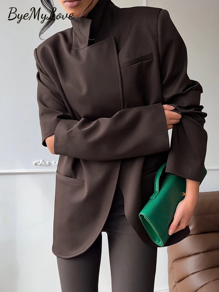 Women Stand Collar Cutout Sleeve Blazer Irregular Wrap Front Brown Jacket Pocket Detail Loose Fit Fashion Coat Elegant Outerwear