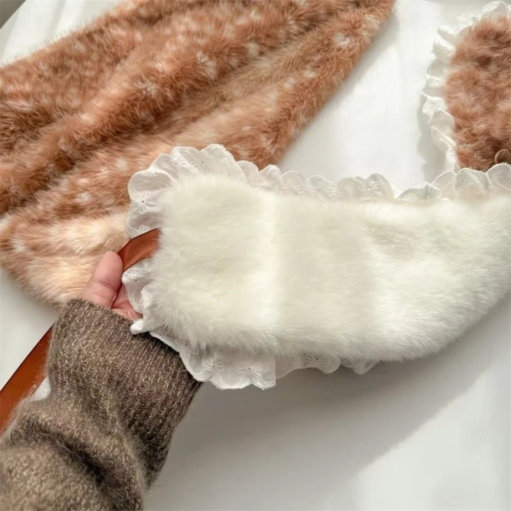 Thick Warm Deer Patterned Faux Fur Scarf Faux Mink Fur Soft Fluffy Mink Fur Fake Collar Animal Print Luxury Thermal