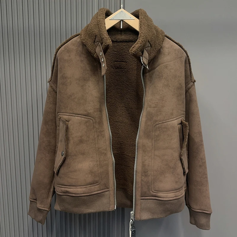 

brown Leather Hair Splice Lamb Fleece Zipper Stand Collar Jacket Men Women High Quality Winter Keep Warm Loose Casual Jackets