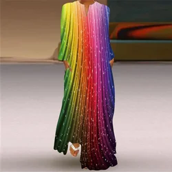 Rainbow Gradient Print Women Dress 2025 New Spring Long Sleeve V-neck Casual Long Dress Woman Elegant Autumn Maxi Dress Big Size