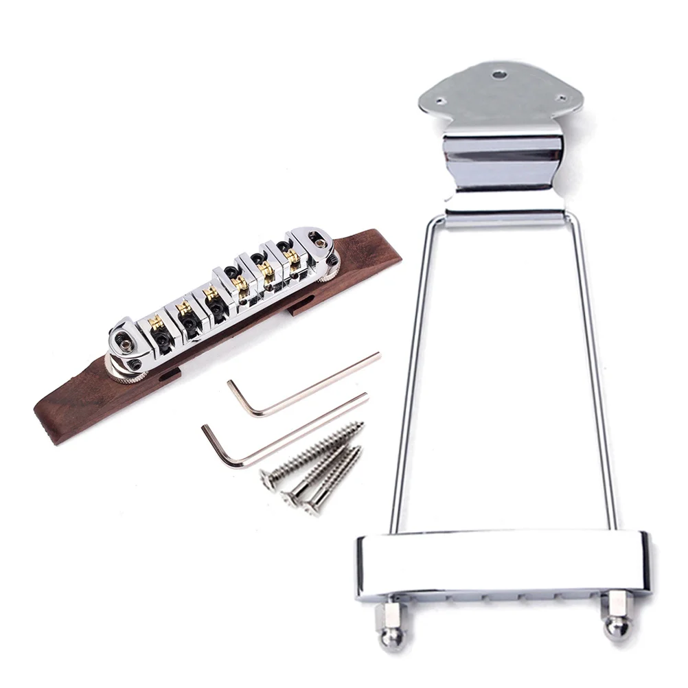

Jazz Guitar Silver Bridge Tailpiece 6-String Height Adjustable Solid Metal Black Plated Mounting Screws Included