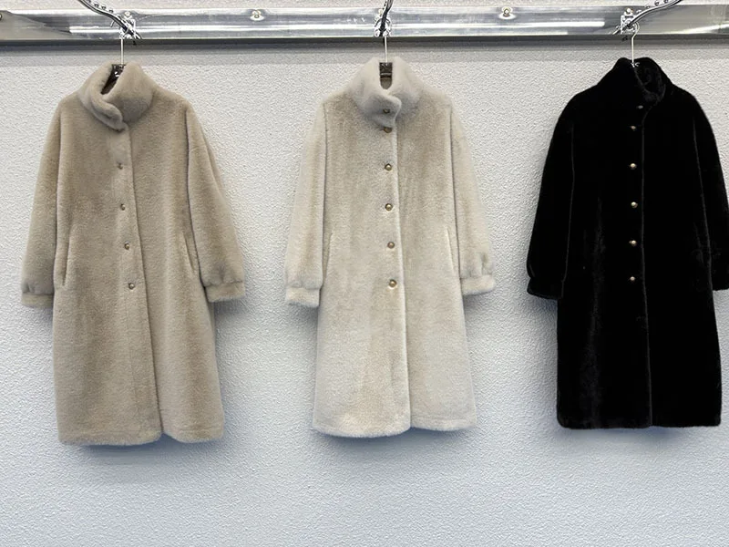 Women Faux Fur Coats Solid Long Overcoat Stand Collar Long Sleeve Single Breasted Loose Thick Elegant Casual 2025 Autumn Winter