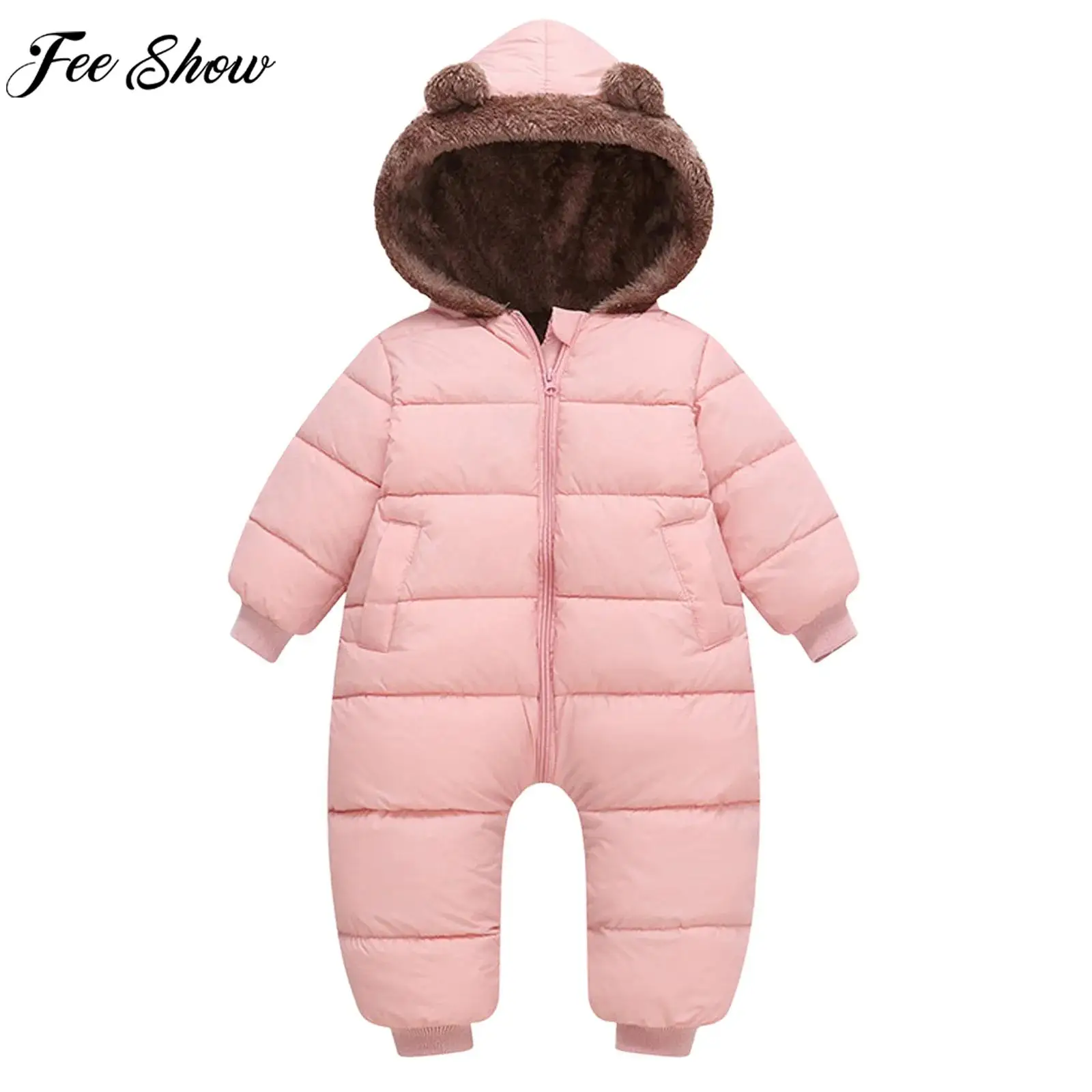 

Toddler Baby Winter Warm Fleece-Lined Snowsuit Hooded Jumpsuit Jacket Coat Long Sleeve Zippers Thickened Thermal Padded Rompers