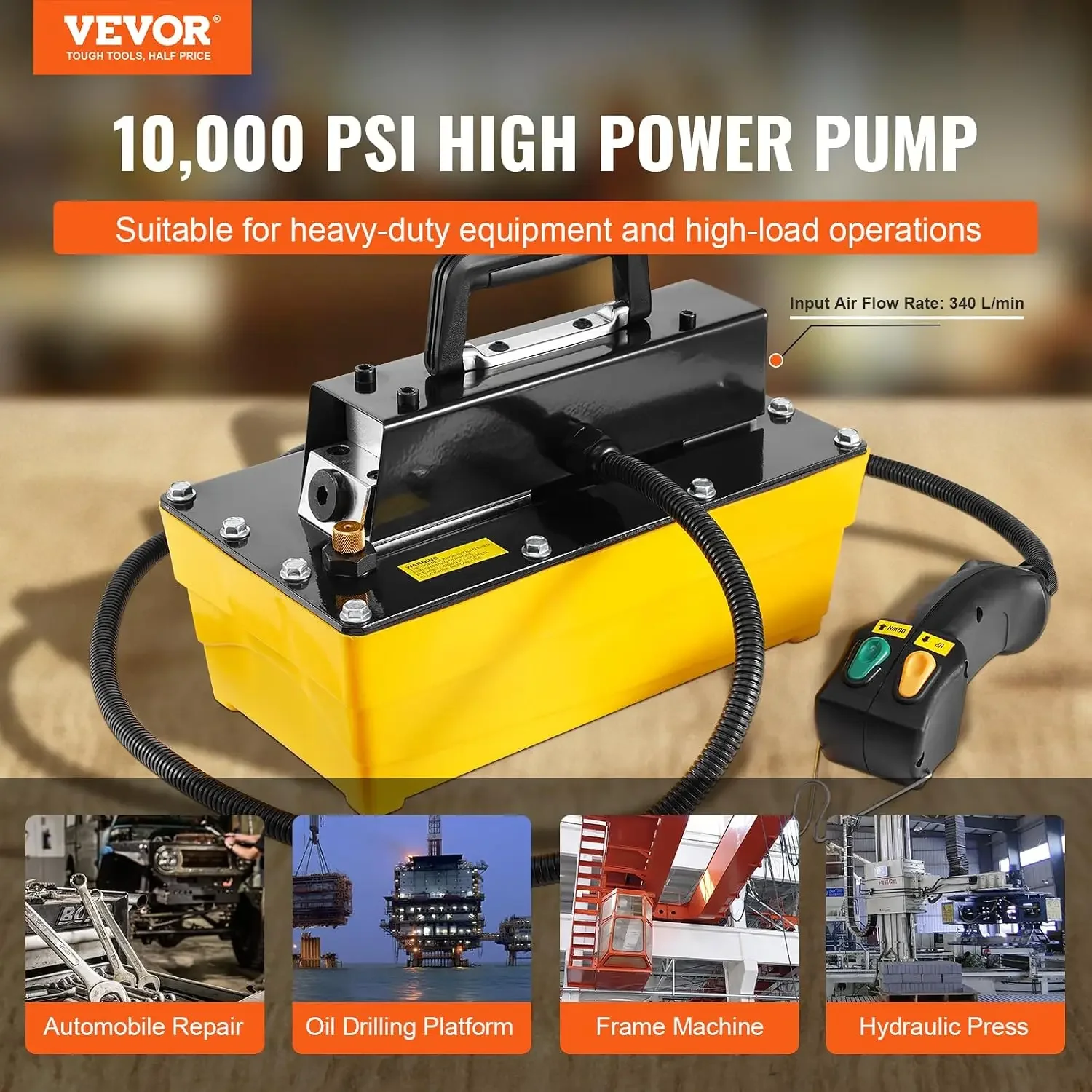 10,000PSI Air Hydraulic Pump, 0.61 Gal Reservoir, NPT 3/8 In Oil Outlet, NPT 1/4 In Inlet, Plastic Air Hydraulic Pump with Remot