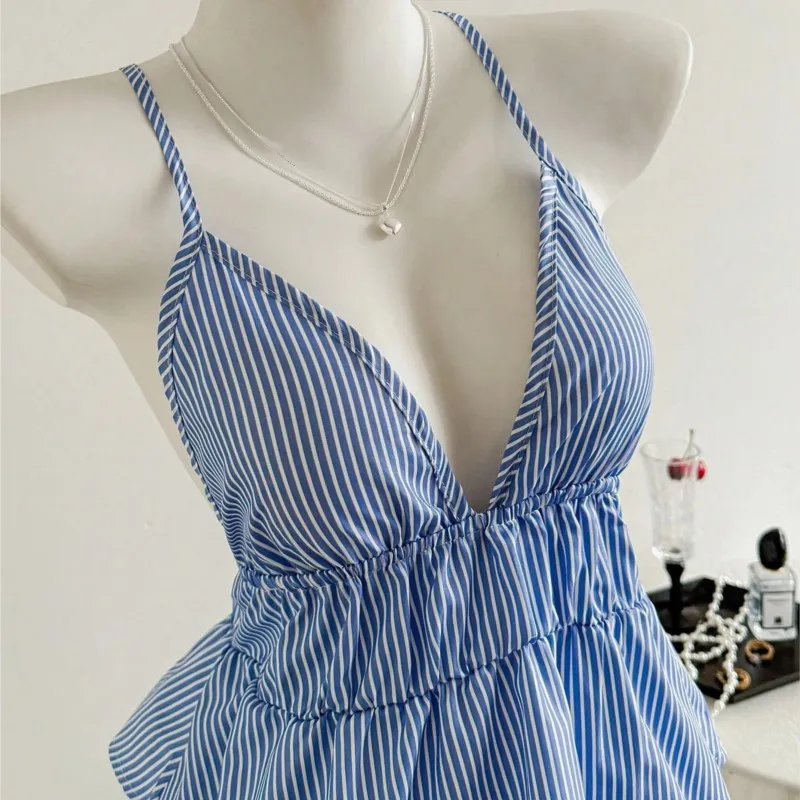 

2025women's New Style Of Backless Sexy Youthful Slim Versatile Suspender V-neck Striped Cross Strap Top For Womens Beach Clothes