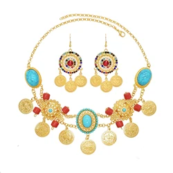 Arab Ethnic Golden Coin Tassel Necklace Earrings Set for Women Fashion Blue Acrylic Gem Crystal Flower Bridal Wedding Jewelry