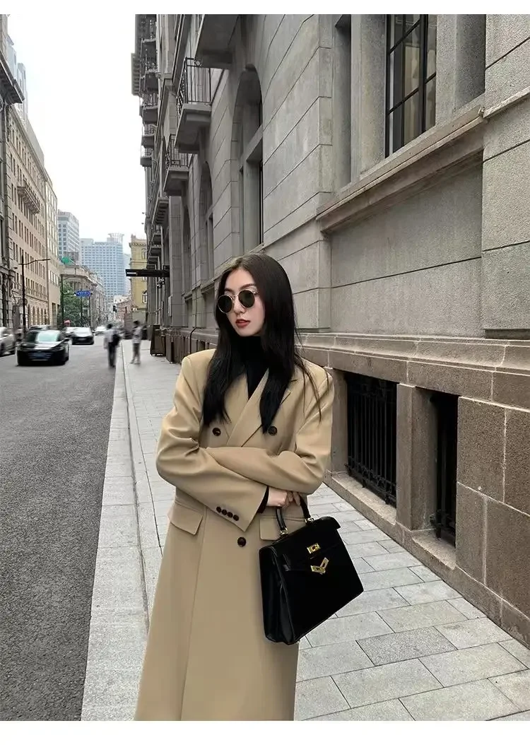 เสื้อโค้ทเทรนช์โค้ทสีกากีทันสมัยสำหรับผู้หญิง สไตล์เกาหลีใหม่ รุ่นสั้น กลาง ยาว คลุมเข่า