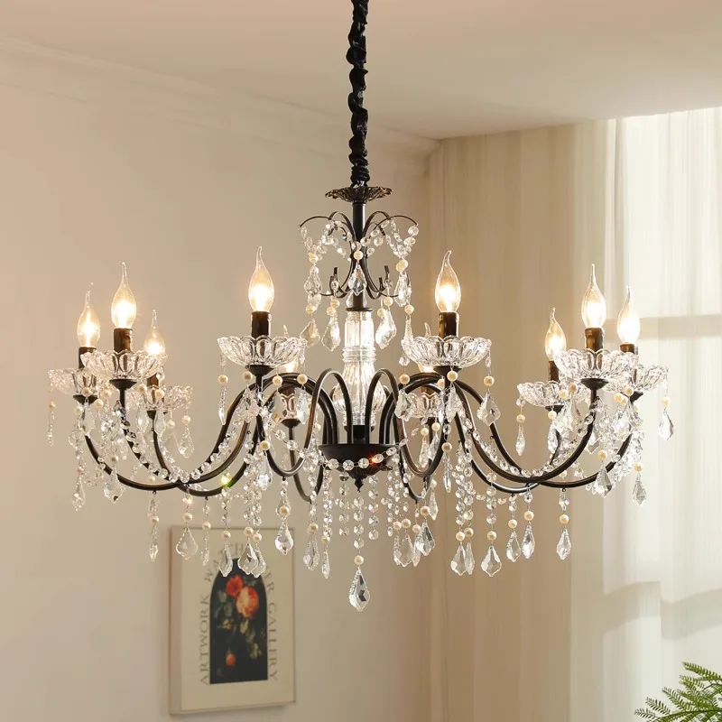 American Retro Black E14 Chandeliers Art Lustre Crystal Living Room Ceiling Pendant Lights Decor
