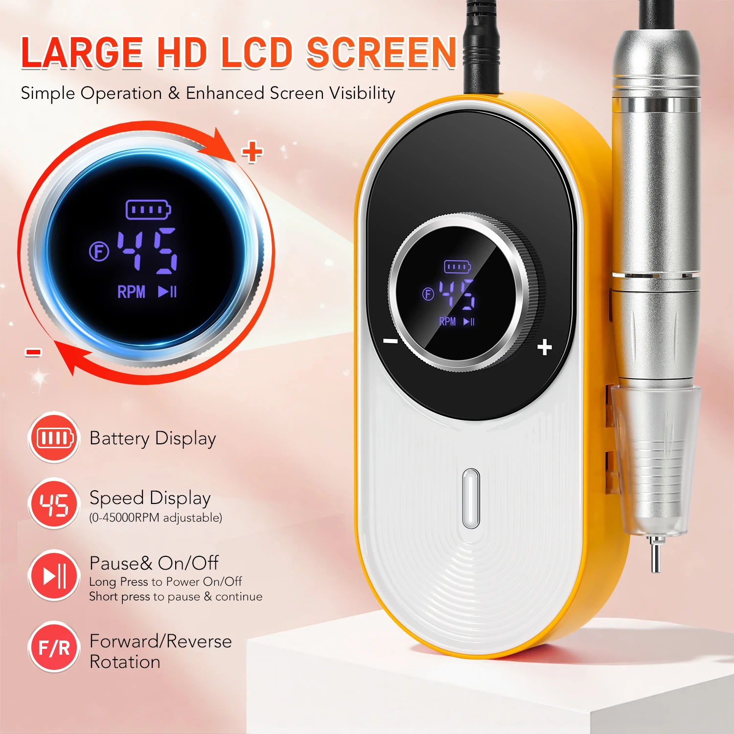 ماكينة حفر أظافر لاسلكية 45000 دورة في الدقيقة، مبرد أظافر كهربائي قابل لإعادة الشحن مع سرعة قابلة للتعديل وشاشة LCD #3