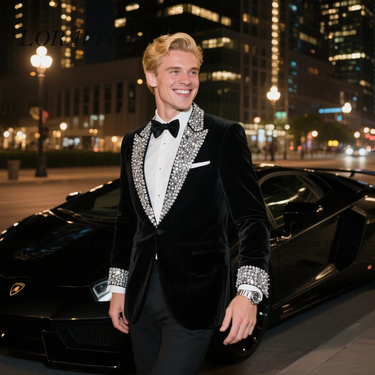 Fashion Black Velvet Men Suits Customized Wedding Groom Tuxedos Beaded Crystal 2 Pieces Sets Male Prom Party Blazer ropa hombre