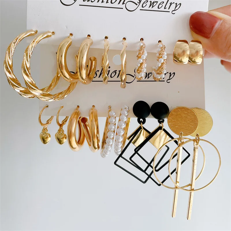 Trendy Gold Color Resin Earrings Set for Women Vintage Geometric Circle Pearl Fashion Pearl Circle Hoop Earrings Jewelry Gifts