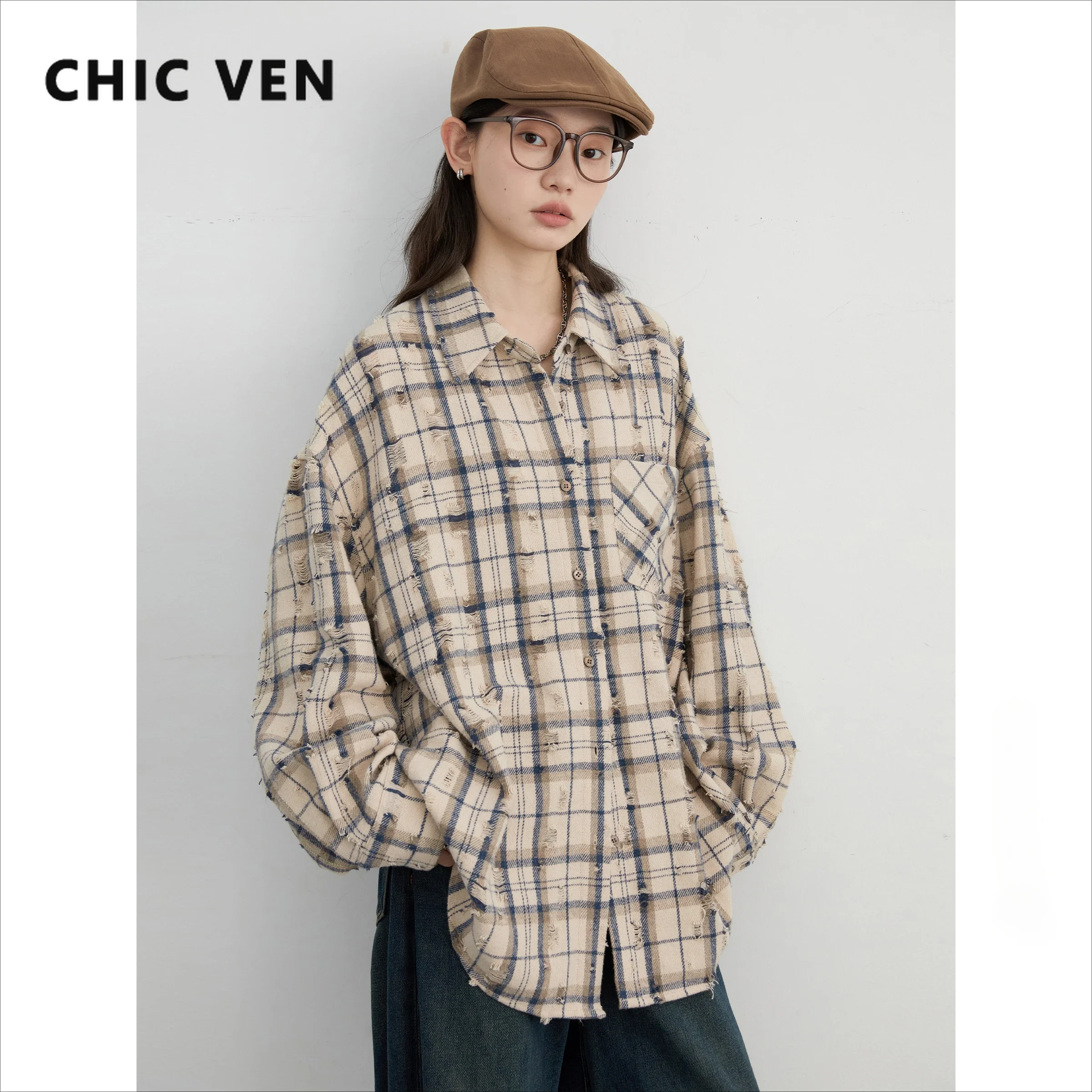 CHIC VEN Women Shirt Loose Long Sleeve Single Breasted Plaid Blouses Female Oversized Shirts Autumn 2024