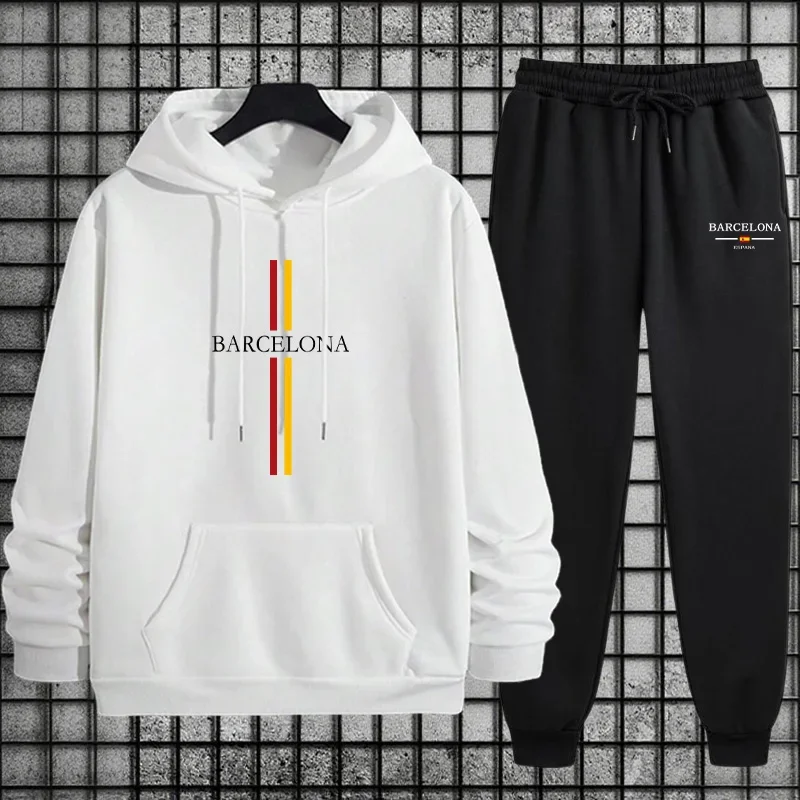 Barcelona Print Tracksuit Men's Sportswear Set Classic Pullover Hoodie and Comfort Fit Joggers for Everyday Casual Sporty Wear