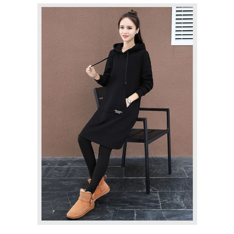 2023 New Mid Length Plush Thick Sweater for Women In Autumn Winter Loose Fitting Hooded Over Knee Jacket Dress