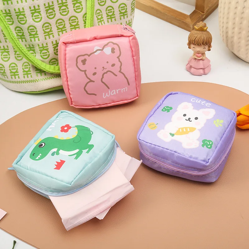 Cute Mini Cosmetic Bag Cartoon Sanitary Napkin Bag Women Coin Purse Ladies Cartoon Animal Makeup Bag Girls Hygiene Pad Bag