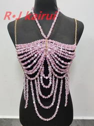 RJ Fashion Sexy Metal Acrylic Neck Body Chain Pastel Pink Beads Halter Dress Masquerade Stage Party Jewelry Accessories