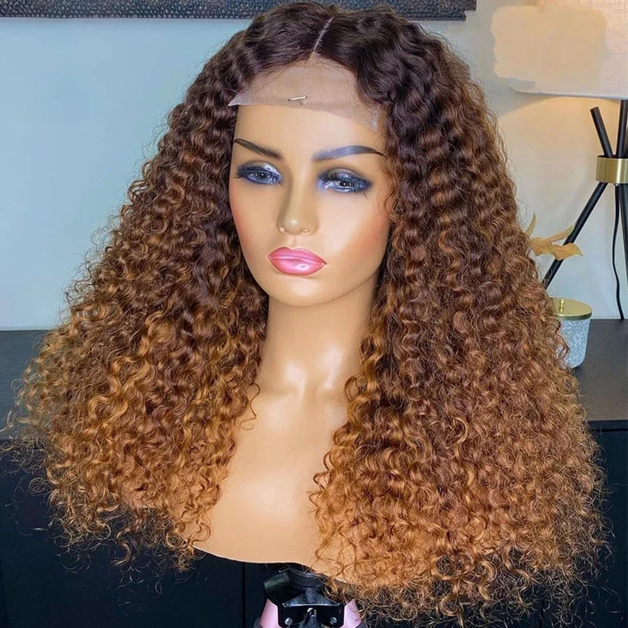 Soft Glueless 180Density 26“ Long Ombre Blonde Brown Kinky Curly Lace Front Wig For Women BabyHair Preplucked Heat Resistant