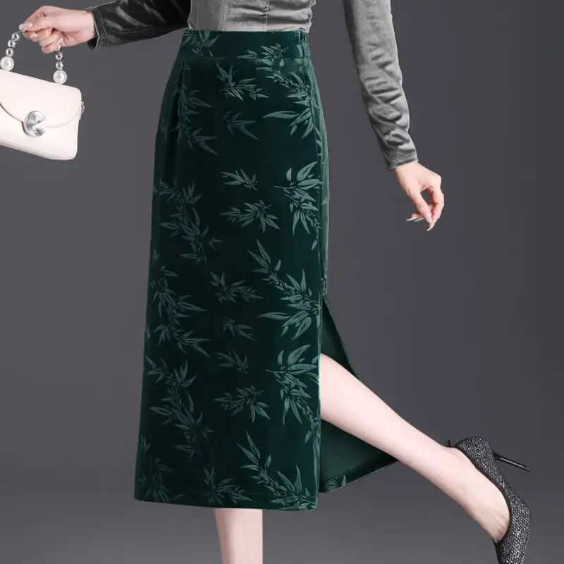 Falda de hilo dental con estampado de temperatura para mujer Falda midi con cintura elástica y doble bolsillo con abertura lateral
