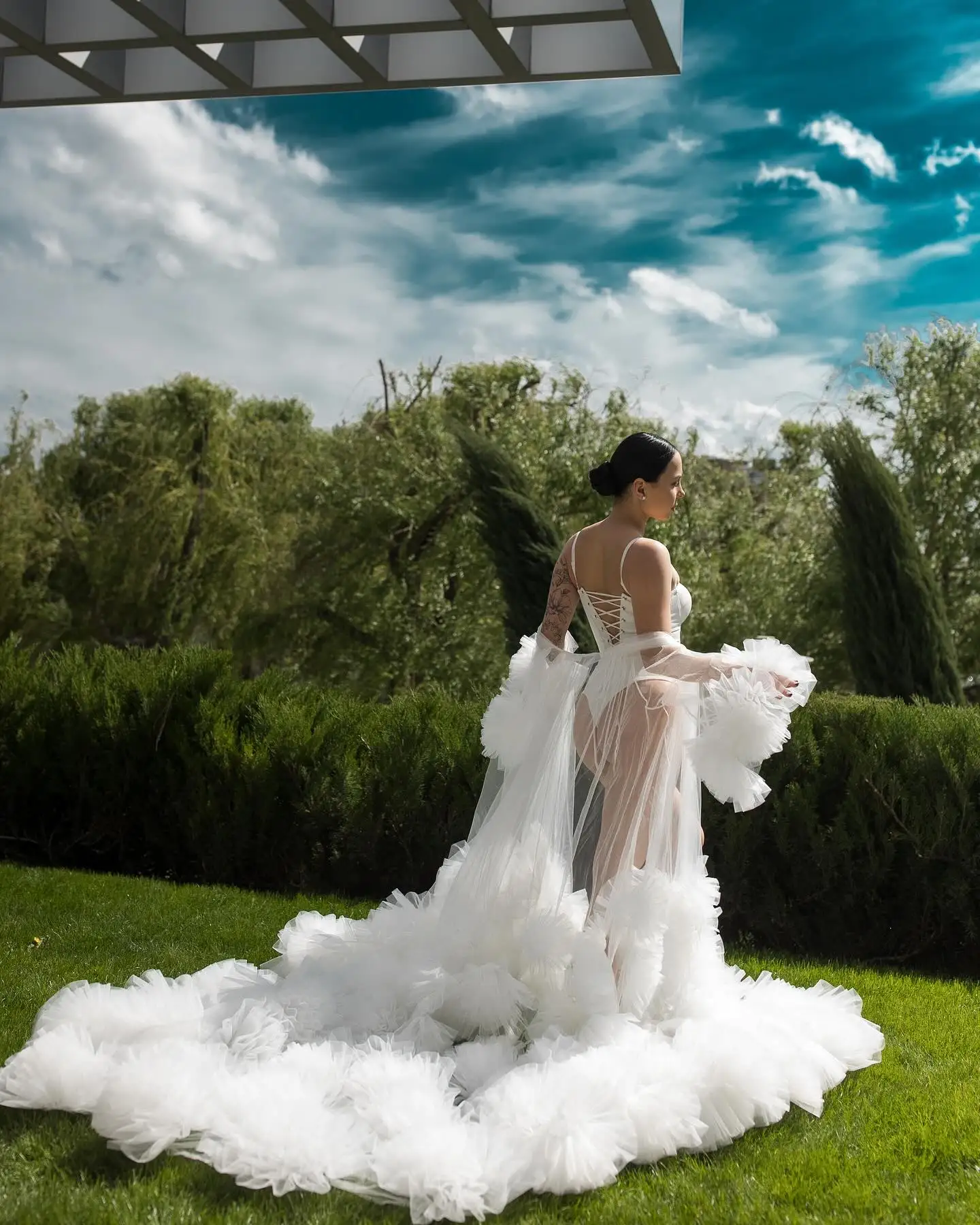 Abito da donna con fiori a sfera di lusso, abito da festa, accappatoio da sposa, abito da servizio fotografico, abito da fotografia di maternità in tulle trasparente