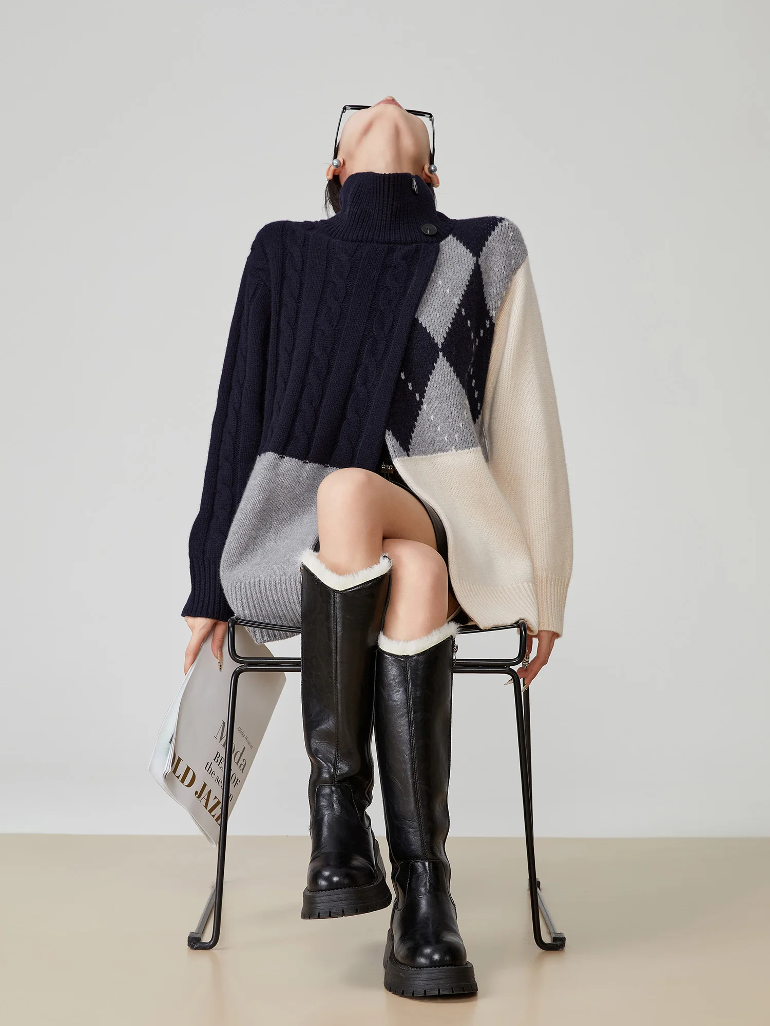 

Loose Women's High Collar Sweater Coat Diamond Pattern Knitted Cardigan Spring 2026 New Sle Korean Lazy Sle Polyester Fiber