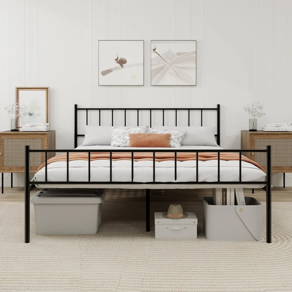 

Metal Platform Queen Bed Frame with Headboard Sturdy Steel Slats Support No Box Spring Needed Easy Assembly Black