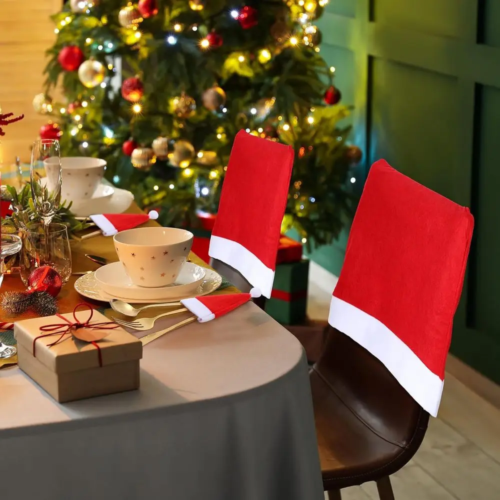 Chumia 72 Pcs Christmas Chair Covers and Santa Hats Silverware Holders Red Christmas Dining Chair Back Slipcovers for Xmas Holid