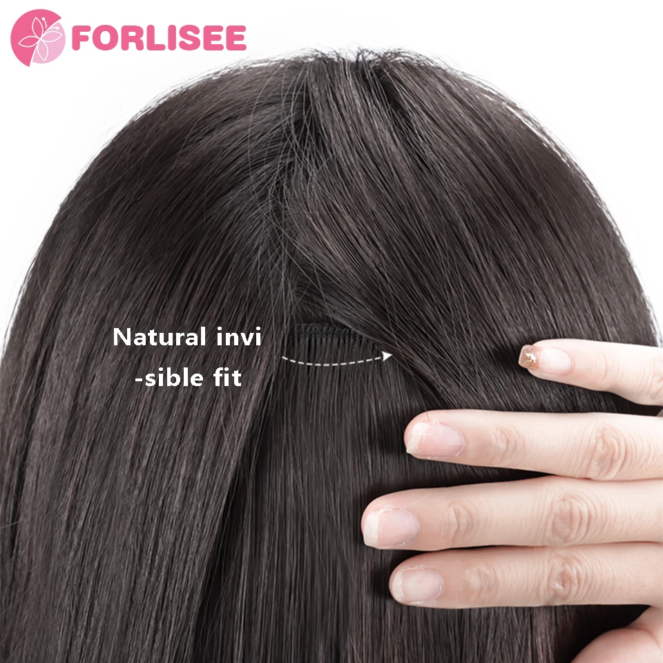 Extensão de cabelo sintético para mulheres, cabelos lisos longos, peruca fofa, invisível e sem raços, 3 peças, 23 polegadas