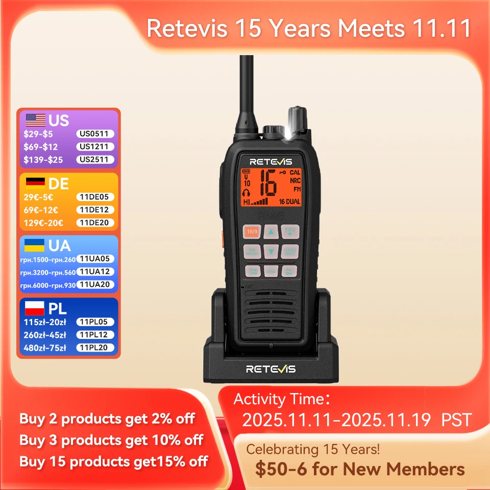 

Retevis RM15 Marine Radio Transceiver VHF IP68 Waterproof Floating Radio handheld Portable Long Range Walkie Talkies for Boating