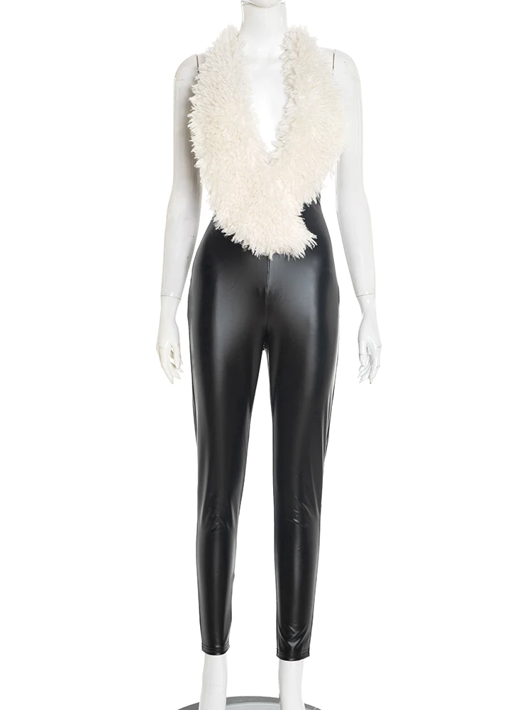 Leosoxs بولي Halter فروي بذلة المرأة مثير الدانتيل متابعة عارية الذراعين ضمادة منخفضة الصدر أكمام محب الشارع كلوبوير وزرة