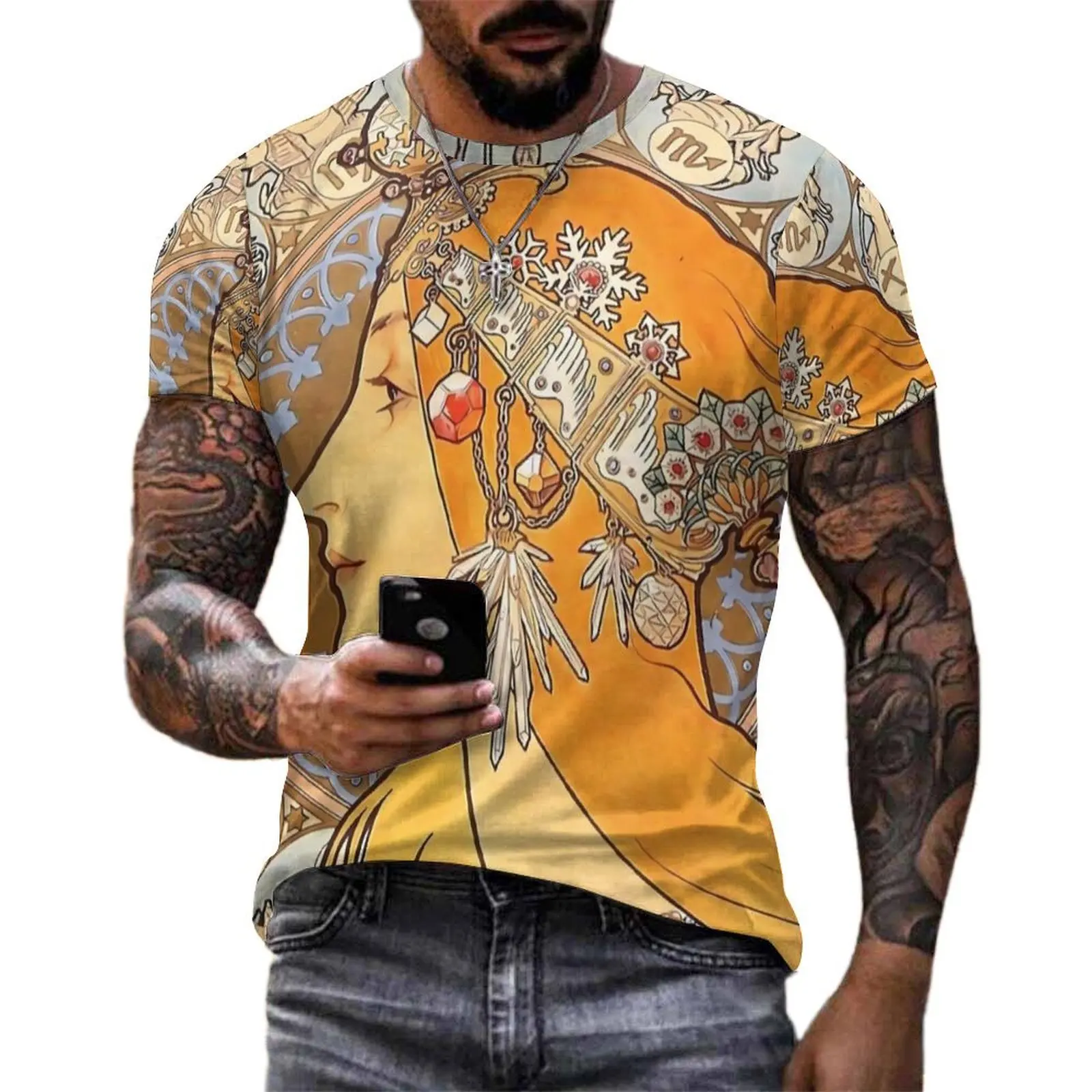 Alphonse Mucha Zodiac Art Nouveau T Shirt  EMO Casual T Shirts O Neck Hippie Tee Shirt Summer Man Graphic Tops Plus Size 4XL 5XL
