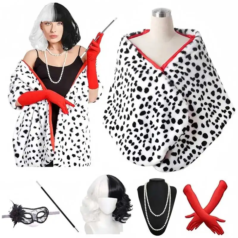 Bufanda dálmata Cruella Deville para mujer, estola de dálmata de imitación, abrigo blanco y negro para disfraz de Cosplay de Halloween