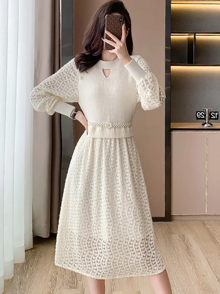 Herbst Winter gestrickt Patchwork Haken Blume hohl langes Kleid Frauen elegante Luxus Pullover Kleid koreanische Bodycon Party kleid