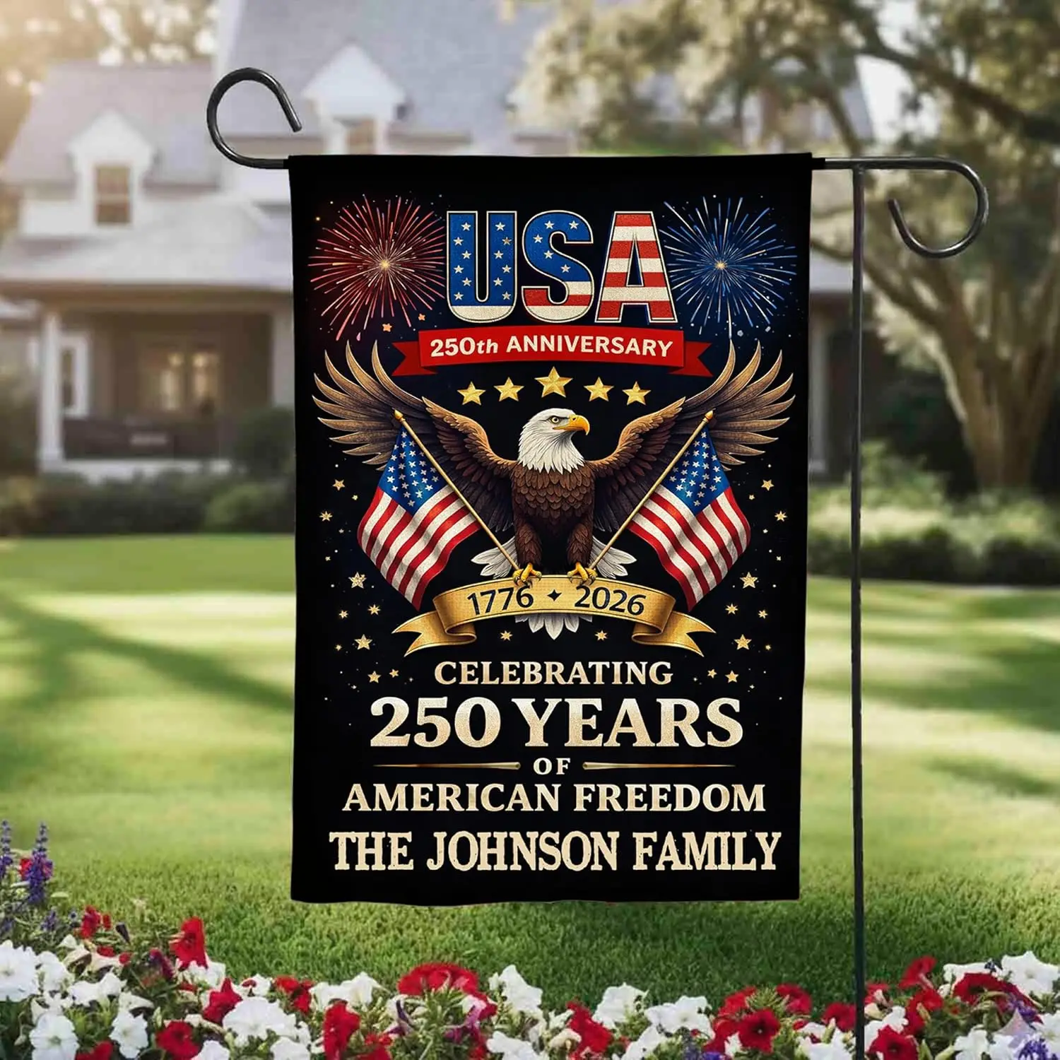 Personalized 250th Anniversary Garden Flag 17762026, Custom Family Name Patriotic Yard Flag, USA Eagle Liberty Bell Indepen GGO