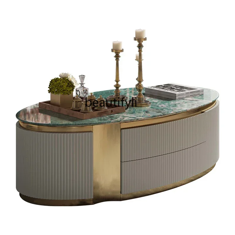 

Light luxury coffee table TV cabinet combination modern model room living room furniture high-grade marble oval tea machine