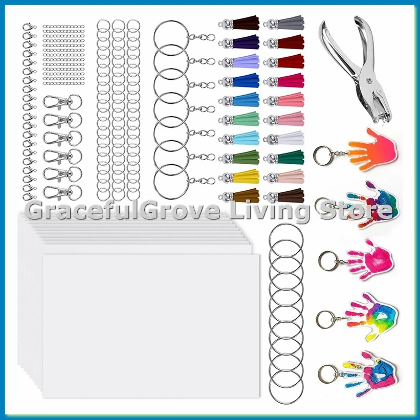 

Набор для изготовления брелоков из термоусадочной пленки, 251 предмет: 20 листов термоусадочной пленки, дырокол, кисточки, застежки-карабины, брелоки-A09G