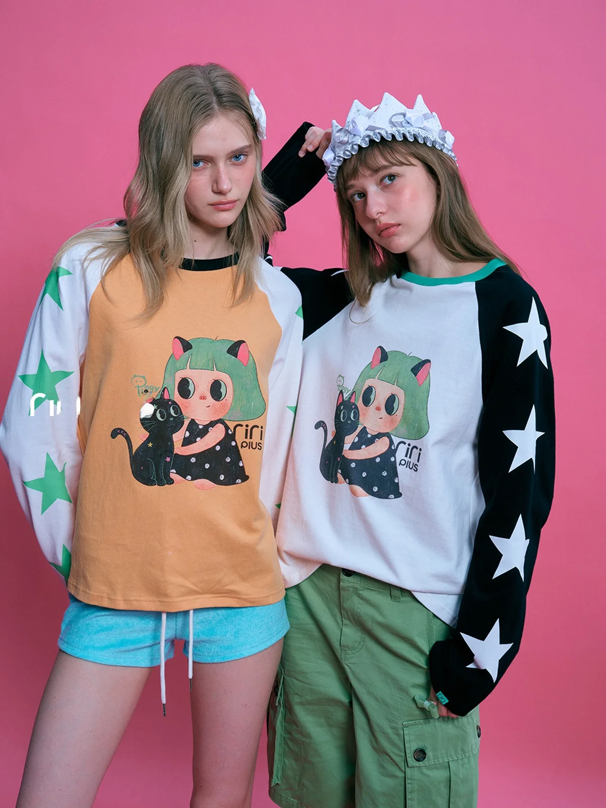 Piggy Girl Collaborative Riverstone plus Star Sleeve Long Sleeve Women's T-shirt Casual Style Universal Fit Loose Cotton Autu...