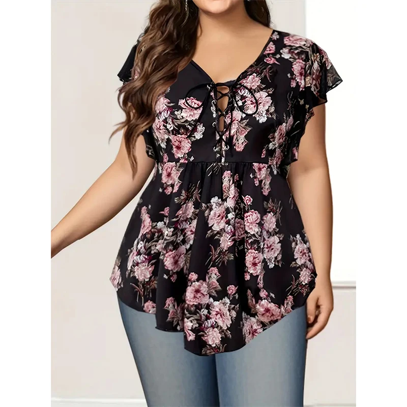 Grande taille imprimé fleuri chemise femme chemisier élégant à volants sans manches à lacets col en v femme haut d'été décontracté vacances Blouses