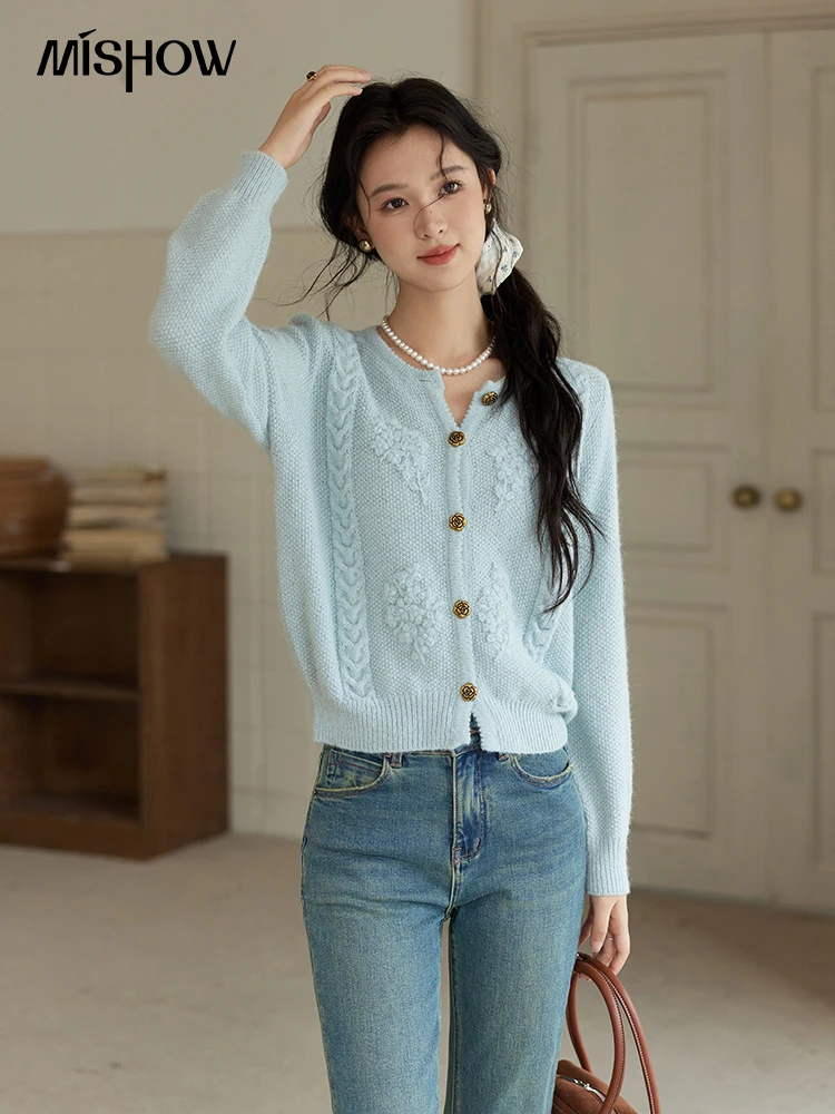 MISHOW Sweter z dzianiny dla kobiet Słodki sweter w wieku 2024 Nowy Vintage Casual Blue Tops Miękkie płaszcze z okrągłym dekoltem MXD48Z0928