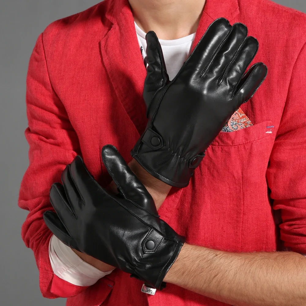 GOURS Winter Real Leather Gloves Men Black Genuine Goatskin Gloves Fleece Lining Warm soft Driving Fashion Buttons New GSM033