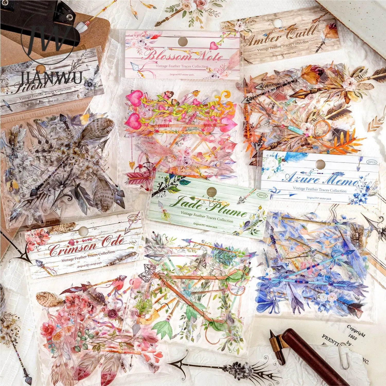 JIANWU Retro Feather Trace Series Vintage Plant Flower Arrow Landscape Material Collage PET Sticker Creative Journal Stationery