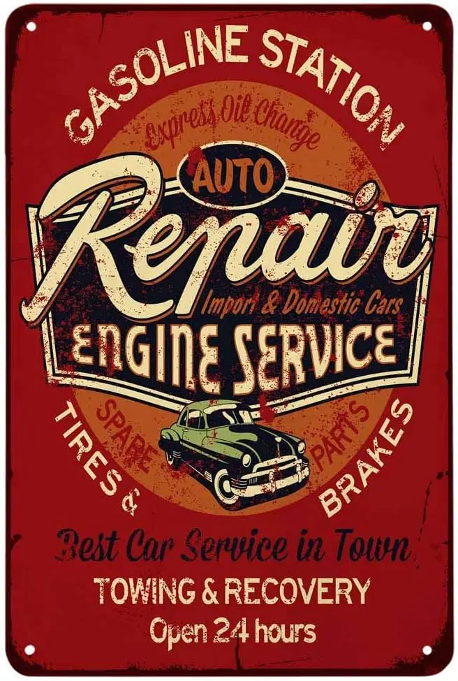 Auto Repair Engine Service Tin Sign,Gasoline Station Tires Brakes Open 24 Hours Vintage Metal Tin Signs for Cafes Bars Pubs Shop