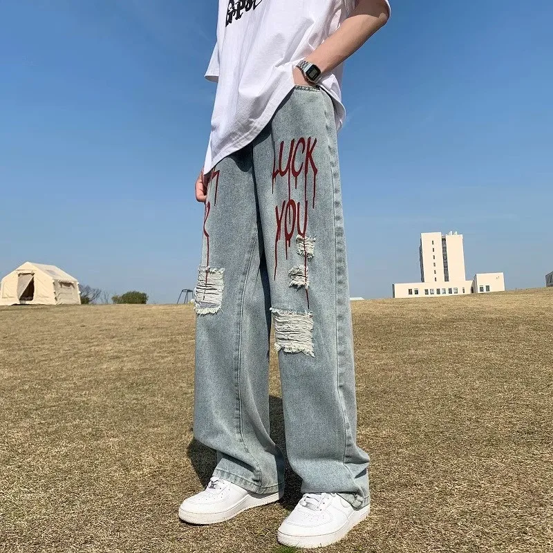 

American High Street Men's Loose Straight Leg Jeans Summer Youth Hip Hop Pants Printed Distred Casual Trousers