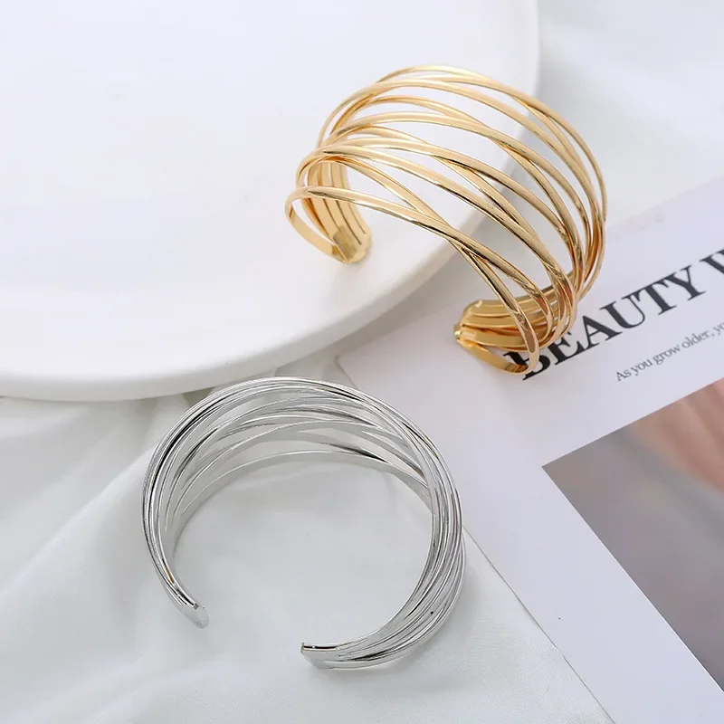 Vintage Gold Plated Geometric Cuff Bangle Statement Wide Wire Bracelet Layering Stacking Bold Gift for Women Minimalist Jewelry